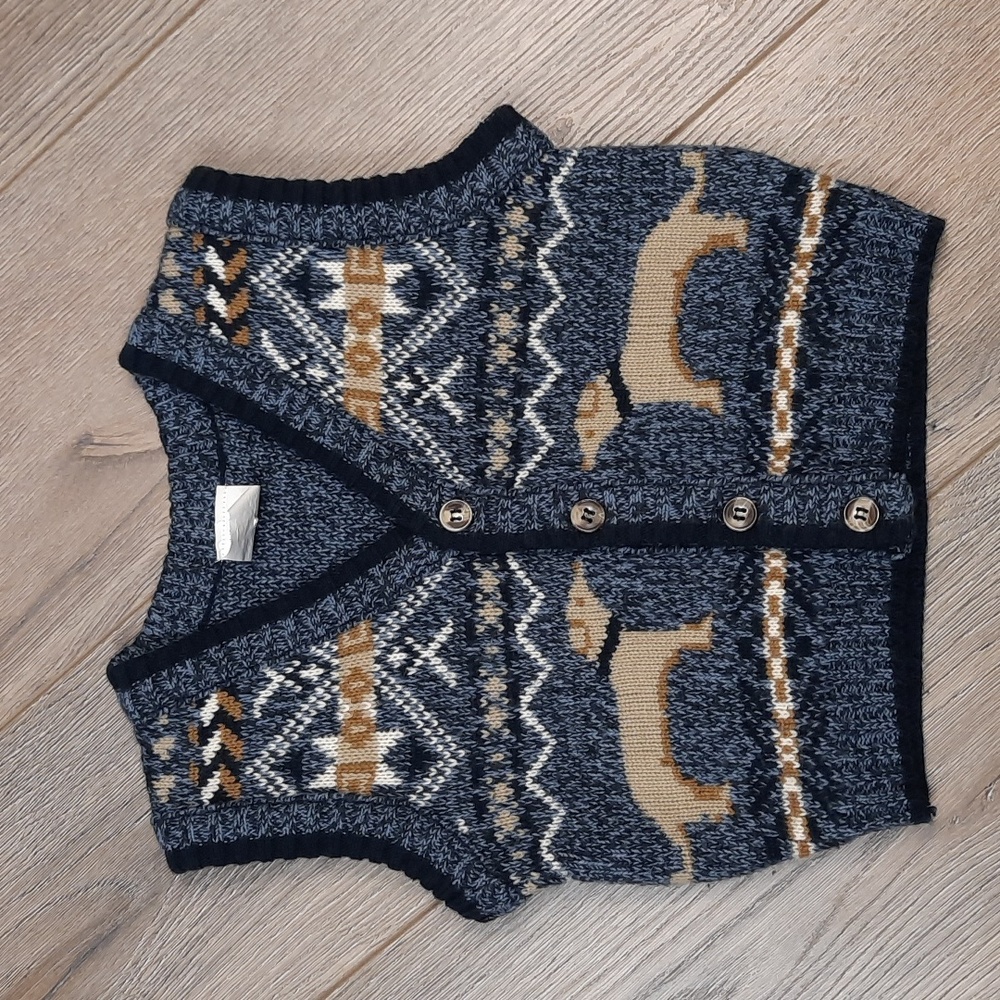 Blue & tan patterned knit button-up sweater vest with puppy dogs, size 12M